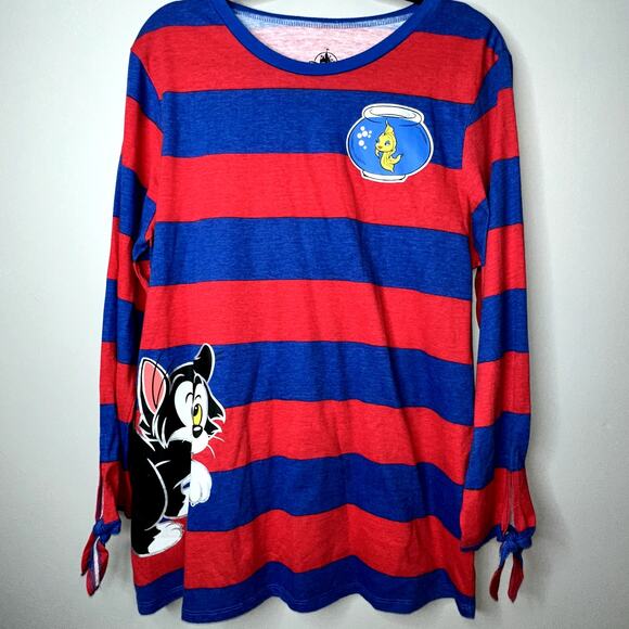 Disney Parks Womens Size XL Pinocchio Figaro Cleo Graphic Red Blue Stripe Shirt - Picture 1 of 6
